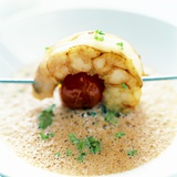 Frothy Soup with a Prawn and Tomato Kebab