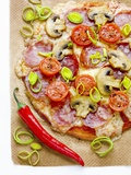 Pizza with Salami  Mushrooms  Tomatoes  Leek  Mozzarella and Chillis