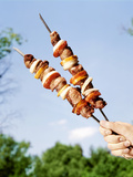 Hand Holding Two Mutton and Vegetable Kebabs