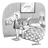 A man is in bed having a post-sex cigarette and a woman is putting a note … - New Yorker Cartoon