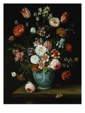 Flowers in a Chinese Transitional Blue and White Jardiniere  with Moths and Other Insects on a Ledg
